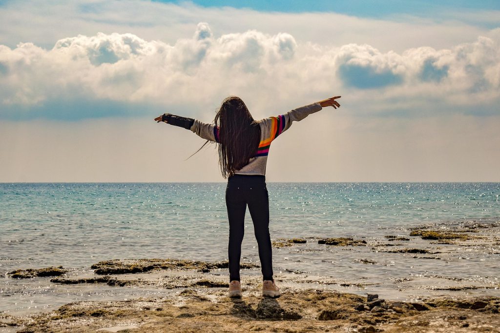 girl, teenager, beach, sea, nature, sky, clouds, horizon, morning light, enjoying nature, brown morning, teenager, teenager, teenager, teenager, teenager
